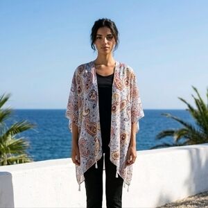 Boho Paisley Kimono Cardigan Tassel Hem Open Front 28x35